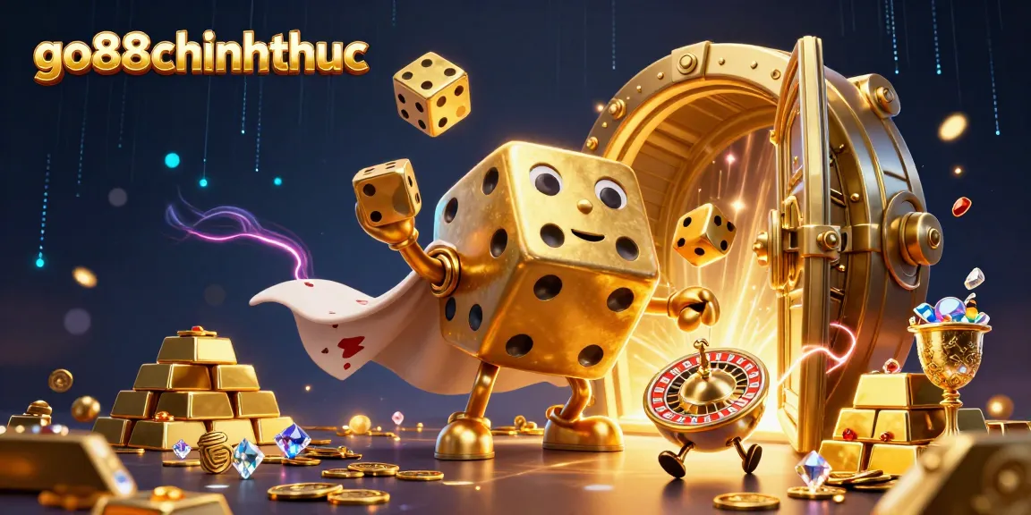 Experience thrilling wins with go88chinhthuc in a vibrant casino-themed illustration showcasing golden dice and treasures.