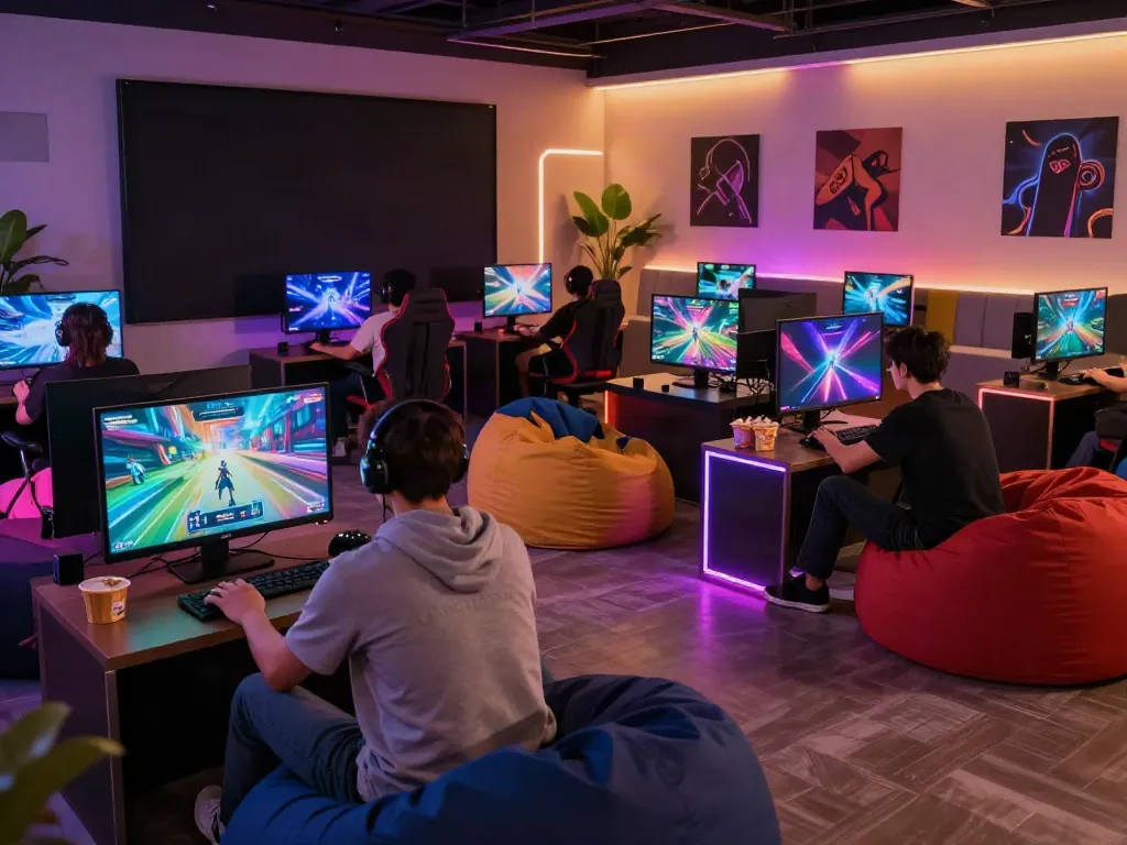 Gamers enjoying the modern rokok88 link digital gaming lounge with colorful monitors and interactive games.