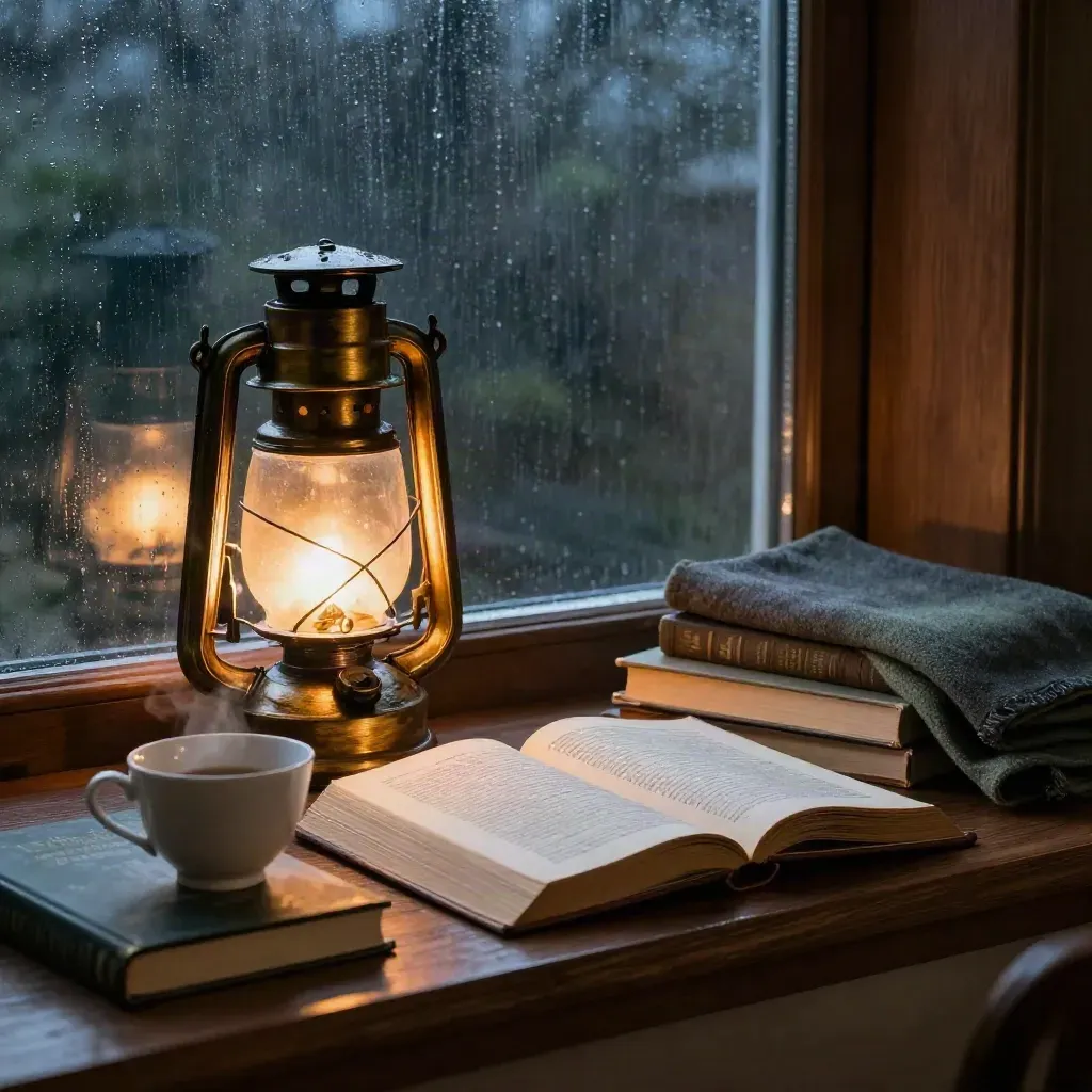 Rain-lit reading nook with lantern, open storybook, novels, teacup and wool throw by a window.