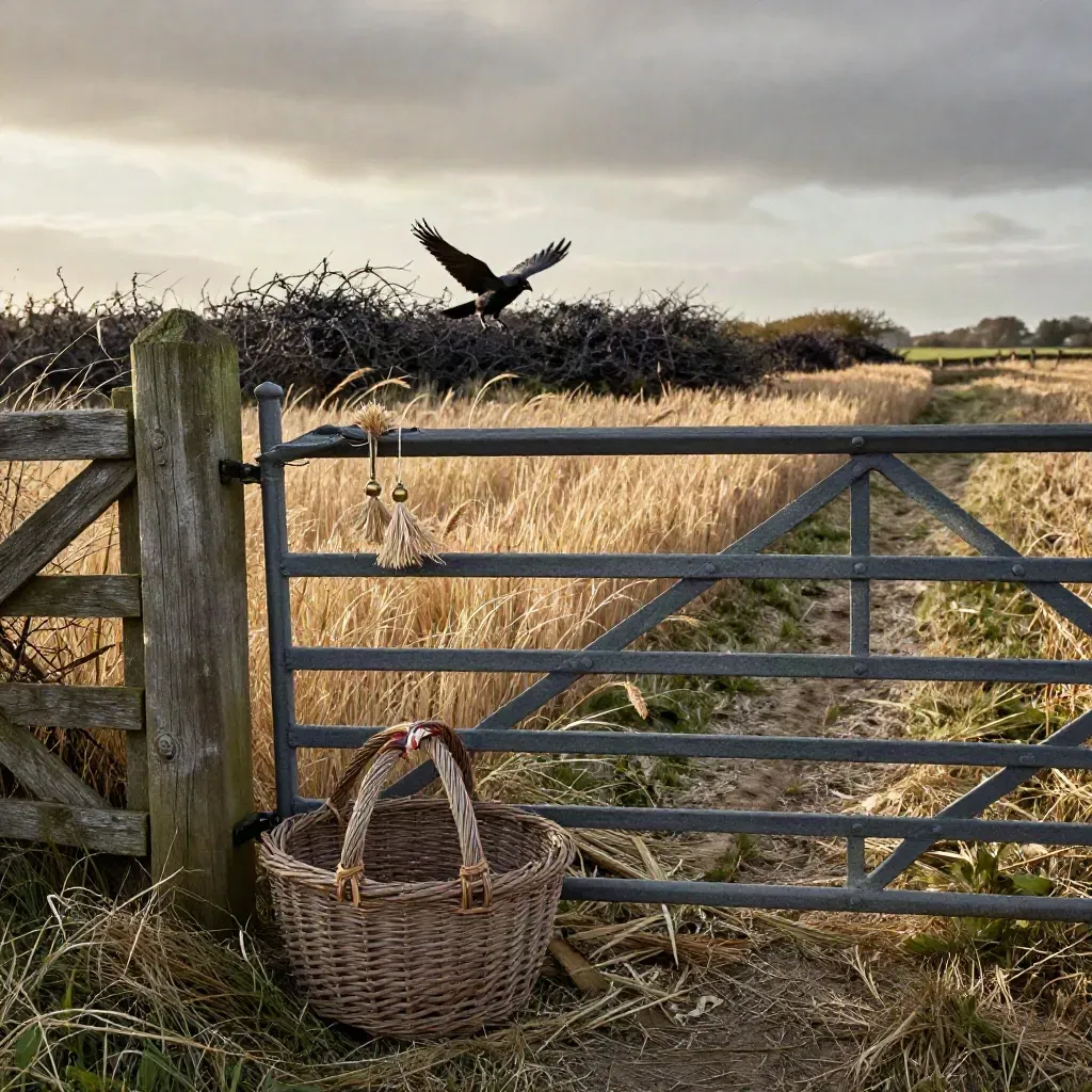 Wind lifts a hedgerow gate, basket and folk charm at a field edge as a crow takes off.