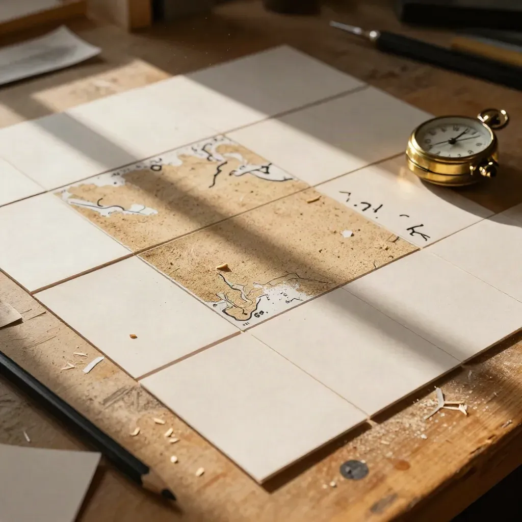 Index cards, pencil, and brass timer on a workshop table in slanting light.