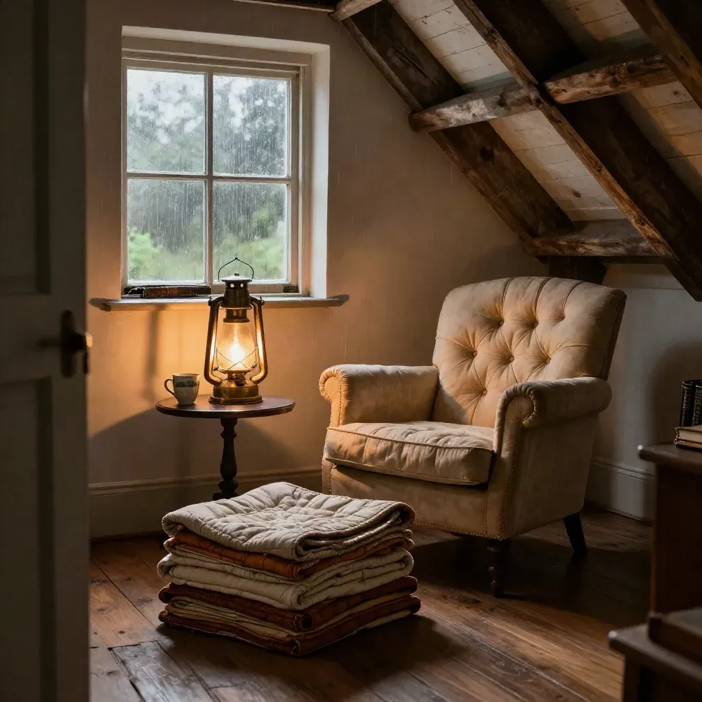 Lit lantern in a rain-soft attic reading room with chair, quilts, and glowing window.