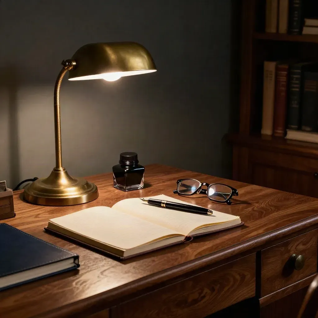 Walnut night desk with ink bottle, pen, notebook and glasses under warm lamplight