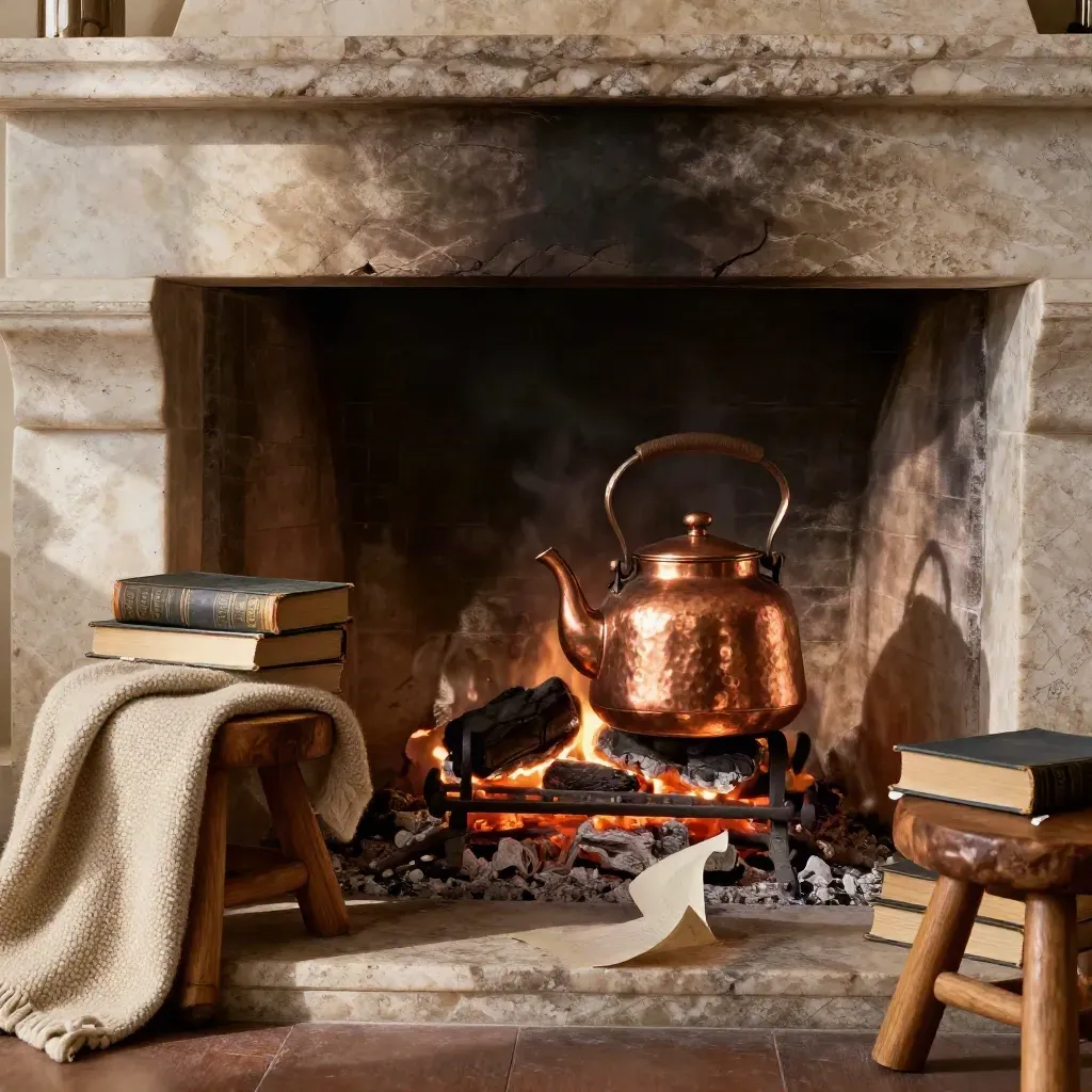 Copper kettle, curling book page, and embers on a stone hearth with a knitted throw.