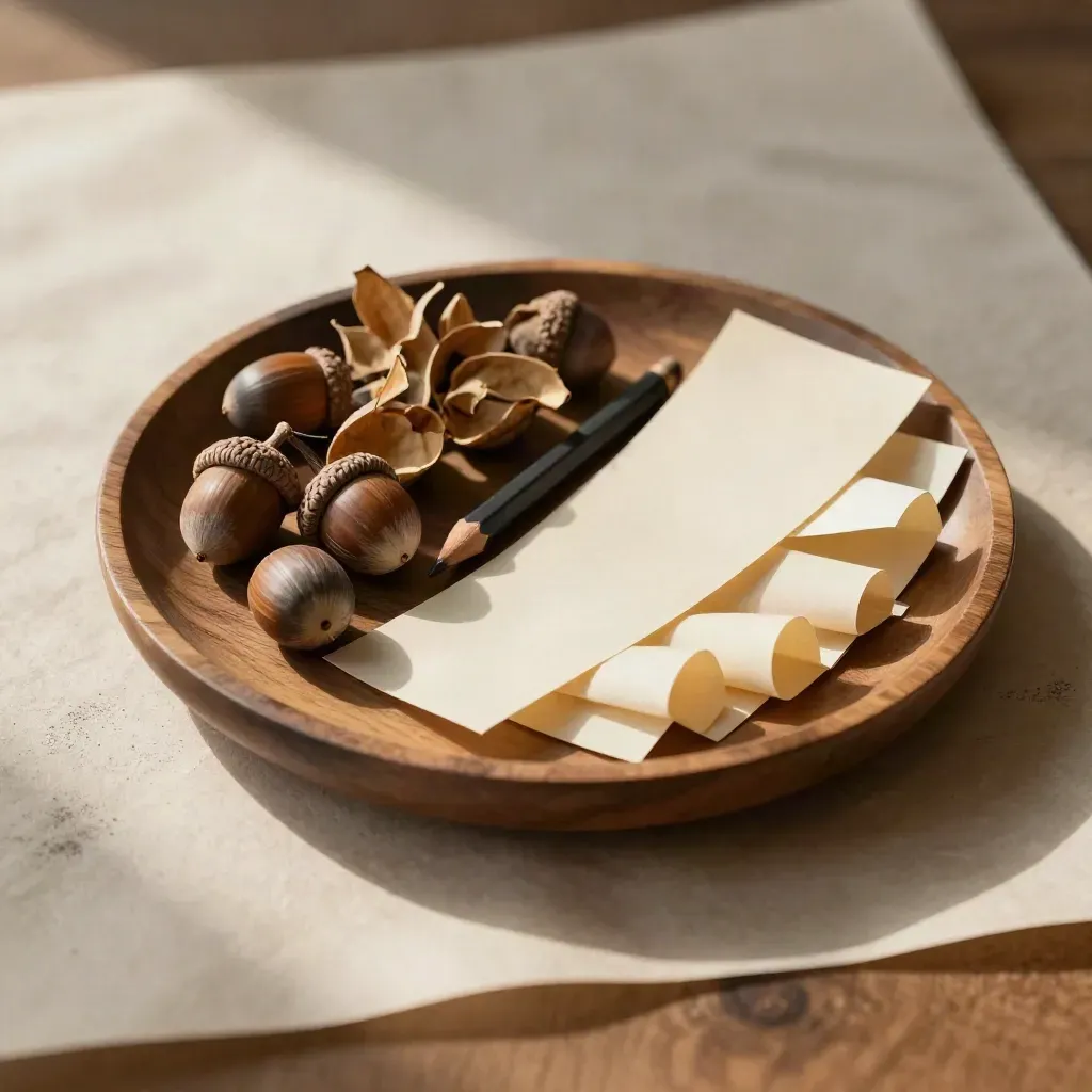 Top-down tray of acorns, seed pods, and paper strips fanning like story ideas