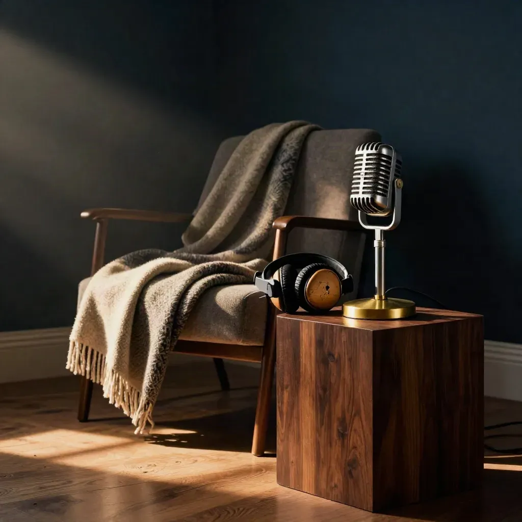 Vintage microphone, headphones, wool blanket, and chair in a moody study alcove.