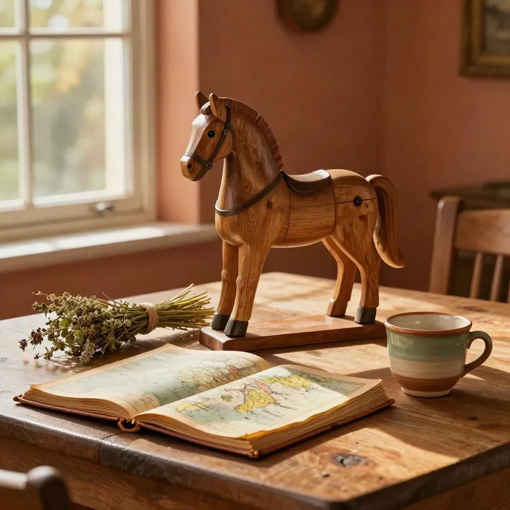 Carved wooden horse, herbs, atlas, and clay cup on a farmhouse table in warm side light.