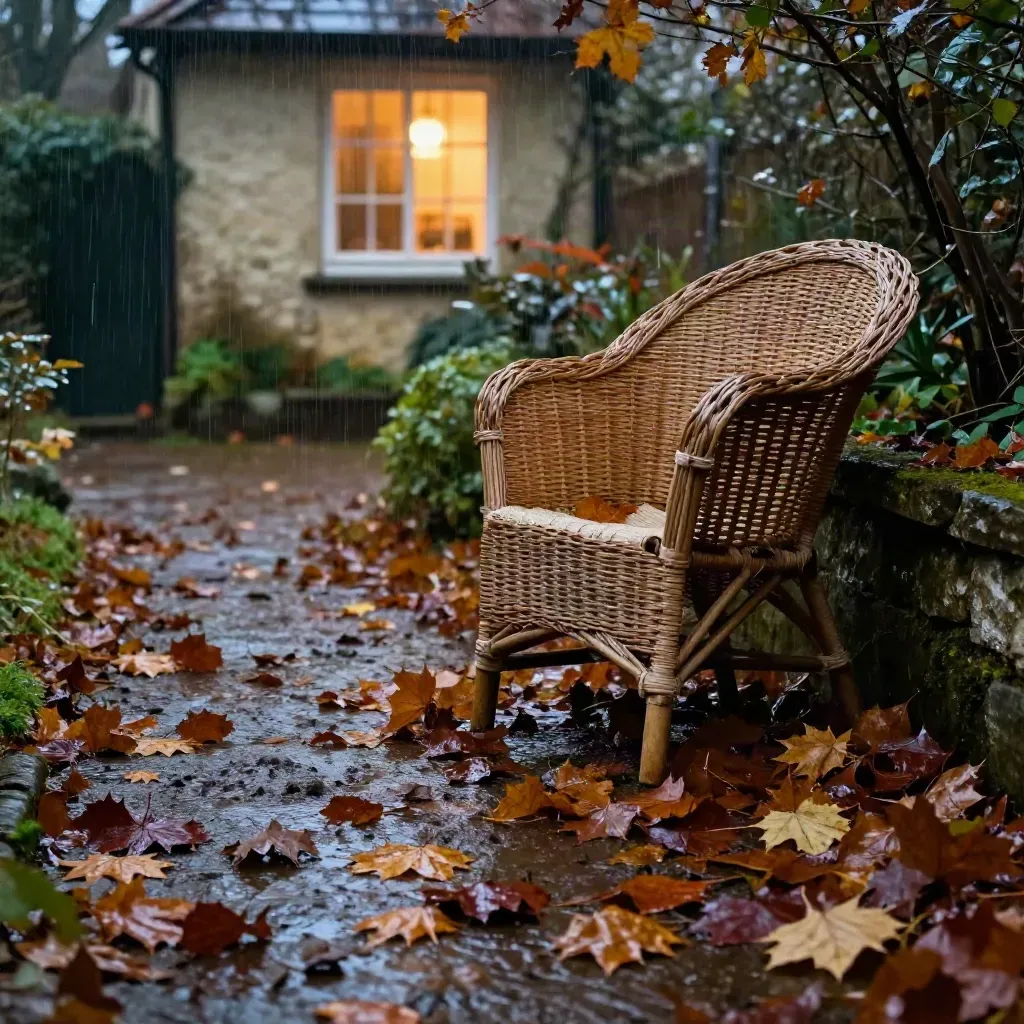 Rain-dark path with maple leaves, wicker chair, and a glowing cottage window at dusk.