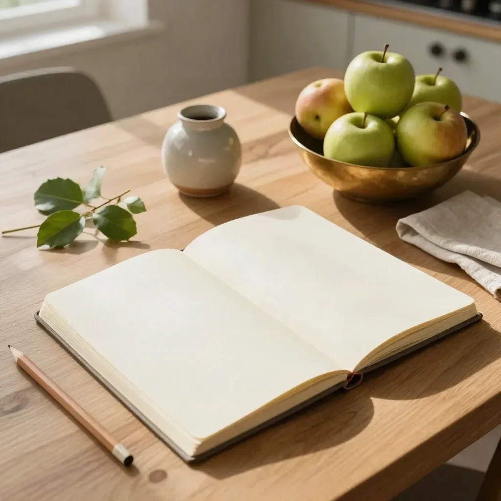 Overhead kitchen table with notebook, pencil, apples and leaf cuttings in warm window light.