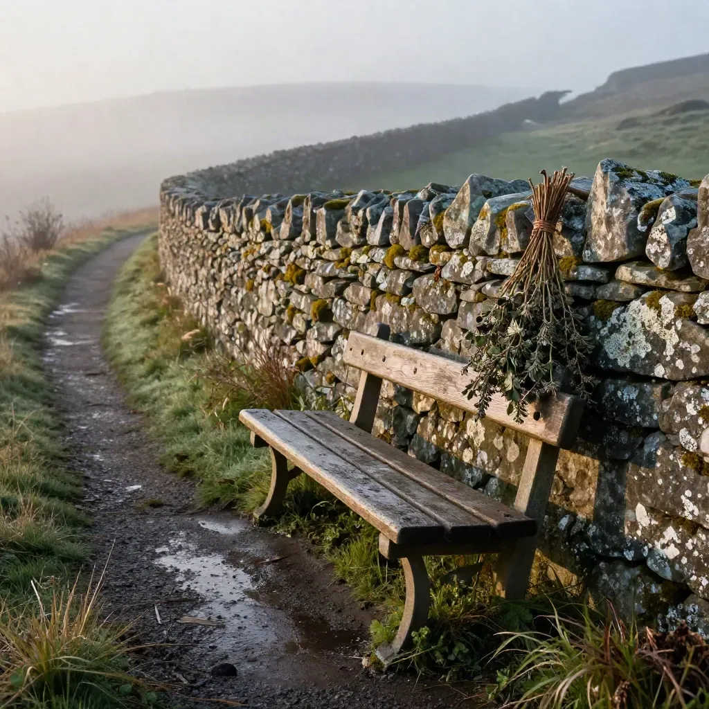 Mist lifts over a stone wall, weathered bench and hanging herbs on a curving hillside lane.