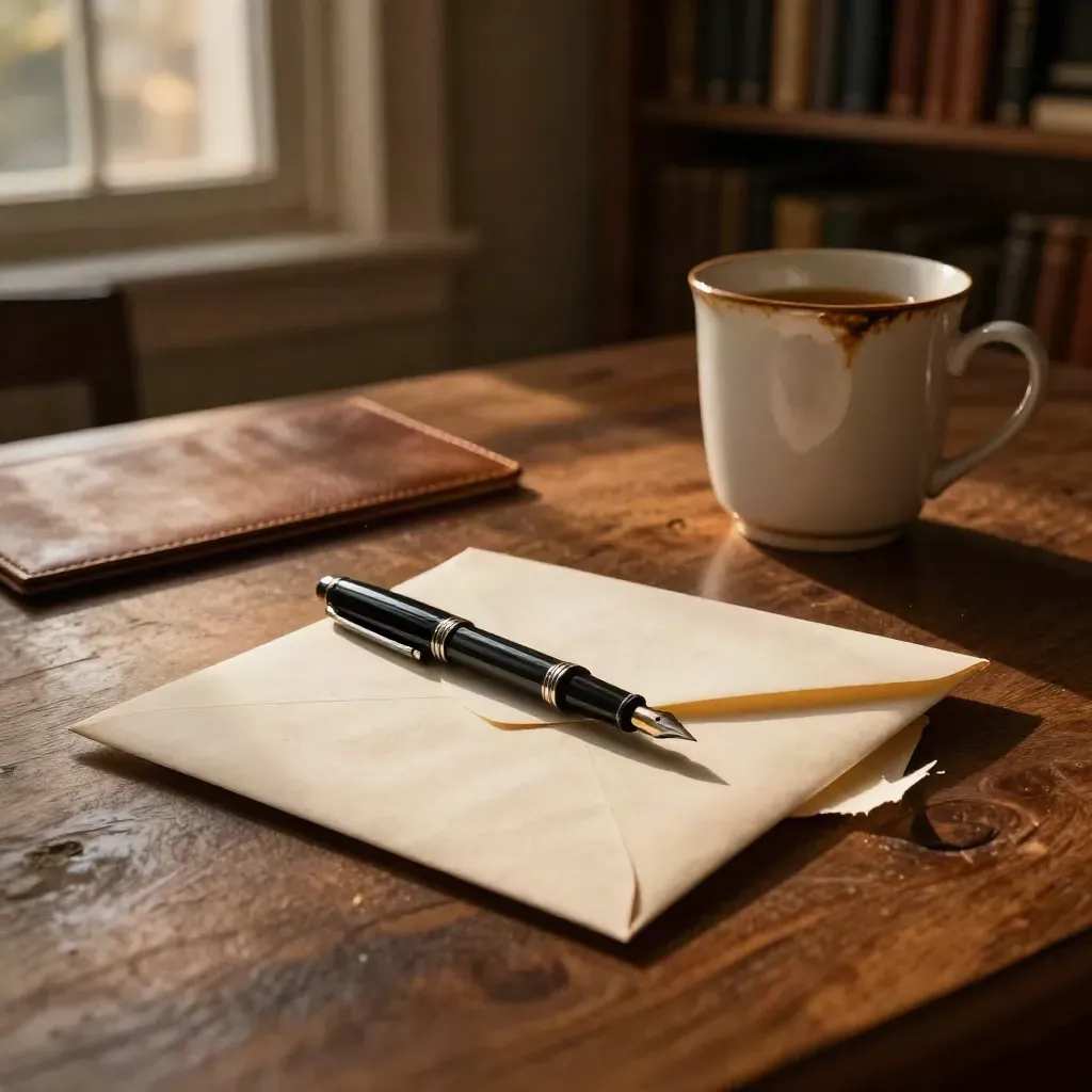 Half-open envelope, fountain pen, blotter, and chipped mug on a dusk-lit writing desk.