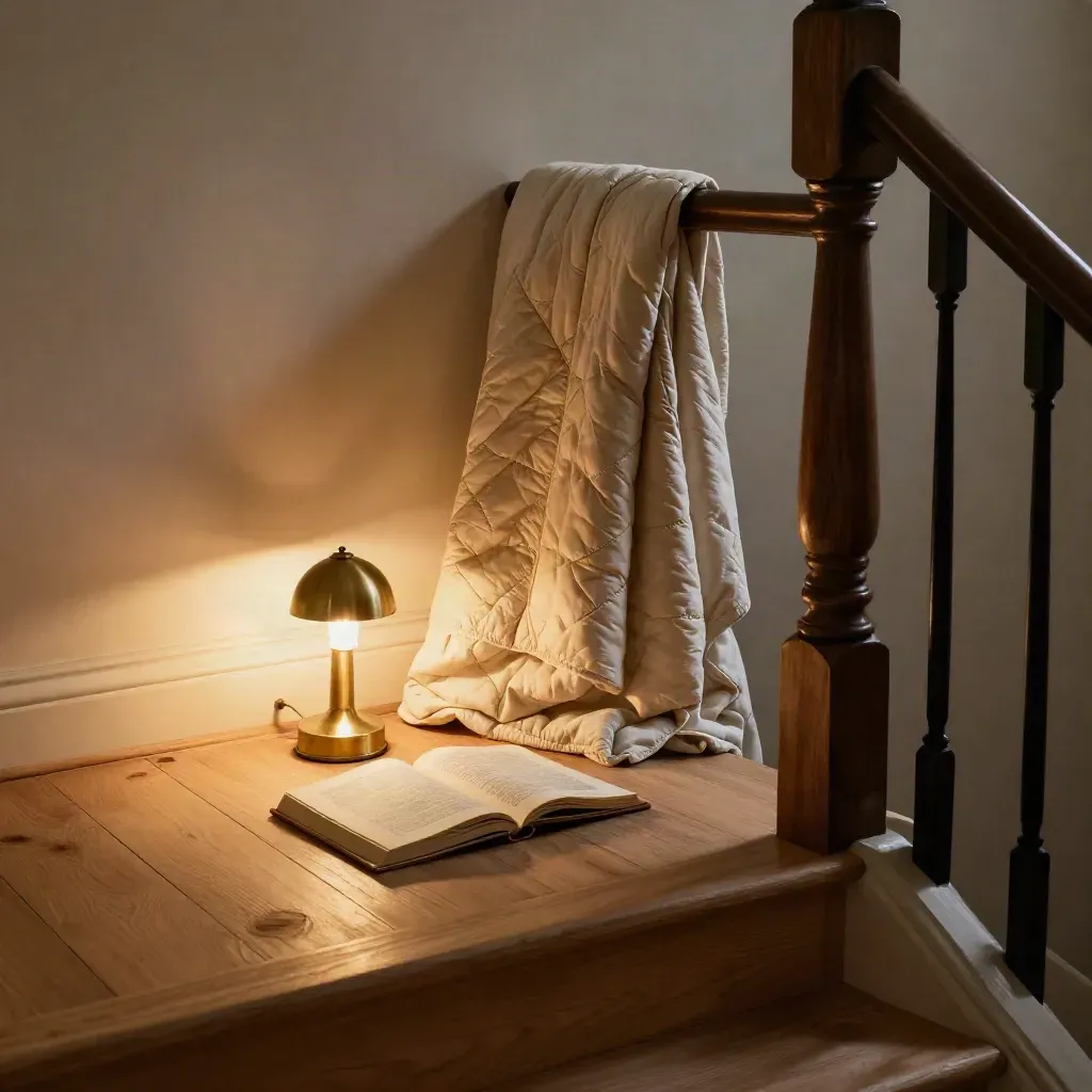 High-angle view of a quiet staircase landing with quilt, lamp and closed book in evening light.