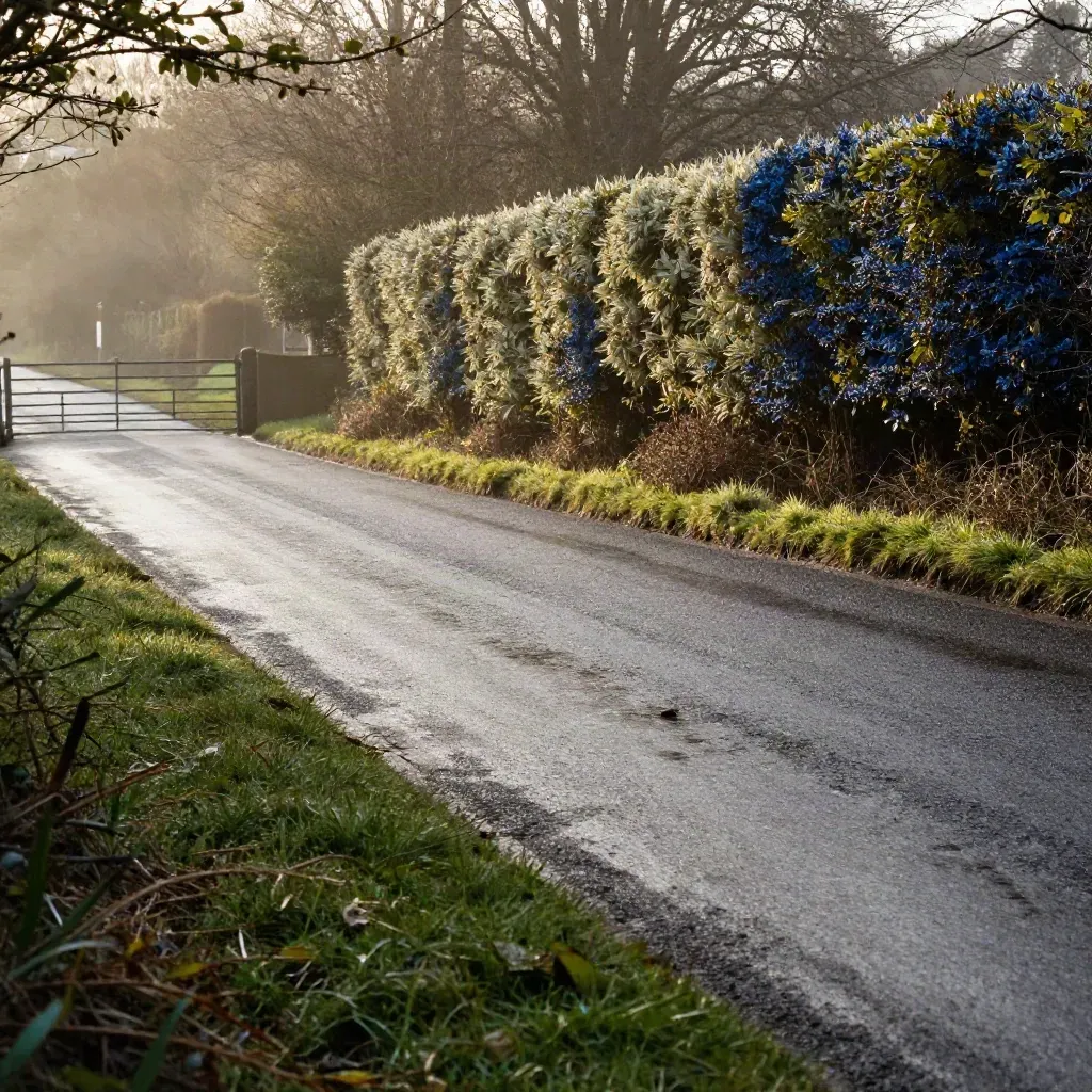 Rain-sheened country road by mossy hedges and a distant gate after a brief shower.