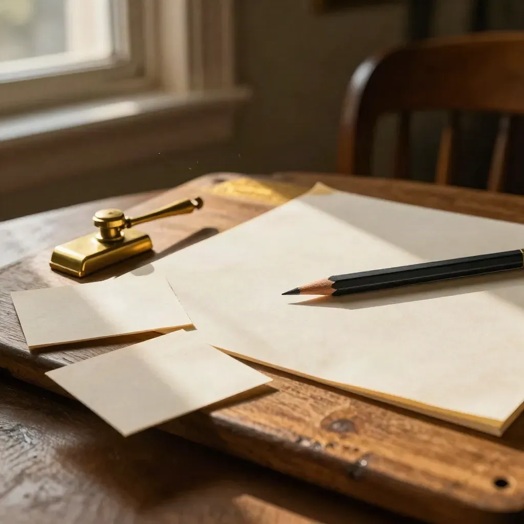 Side view of a writer’s chair, blank page, pencil and face-down note cards in warm window light.