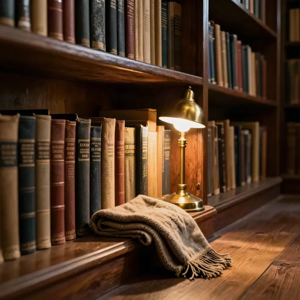 Cozy bookshelf corner with clothbound books, brass lamp, and folded scarf in warm light