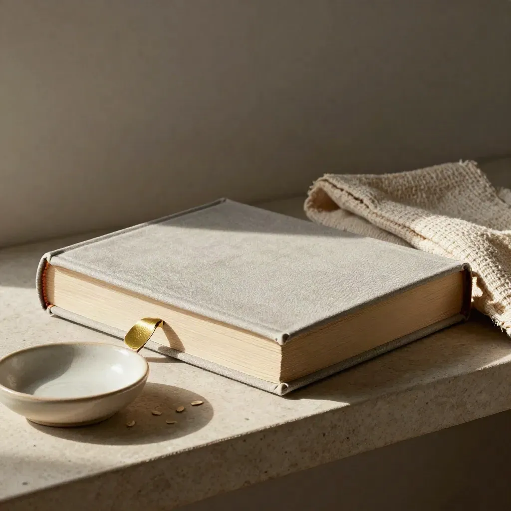 Closed linen bedtime storybook with brass marker, throw and ceramic dish on a stone shelf