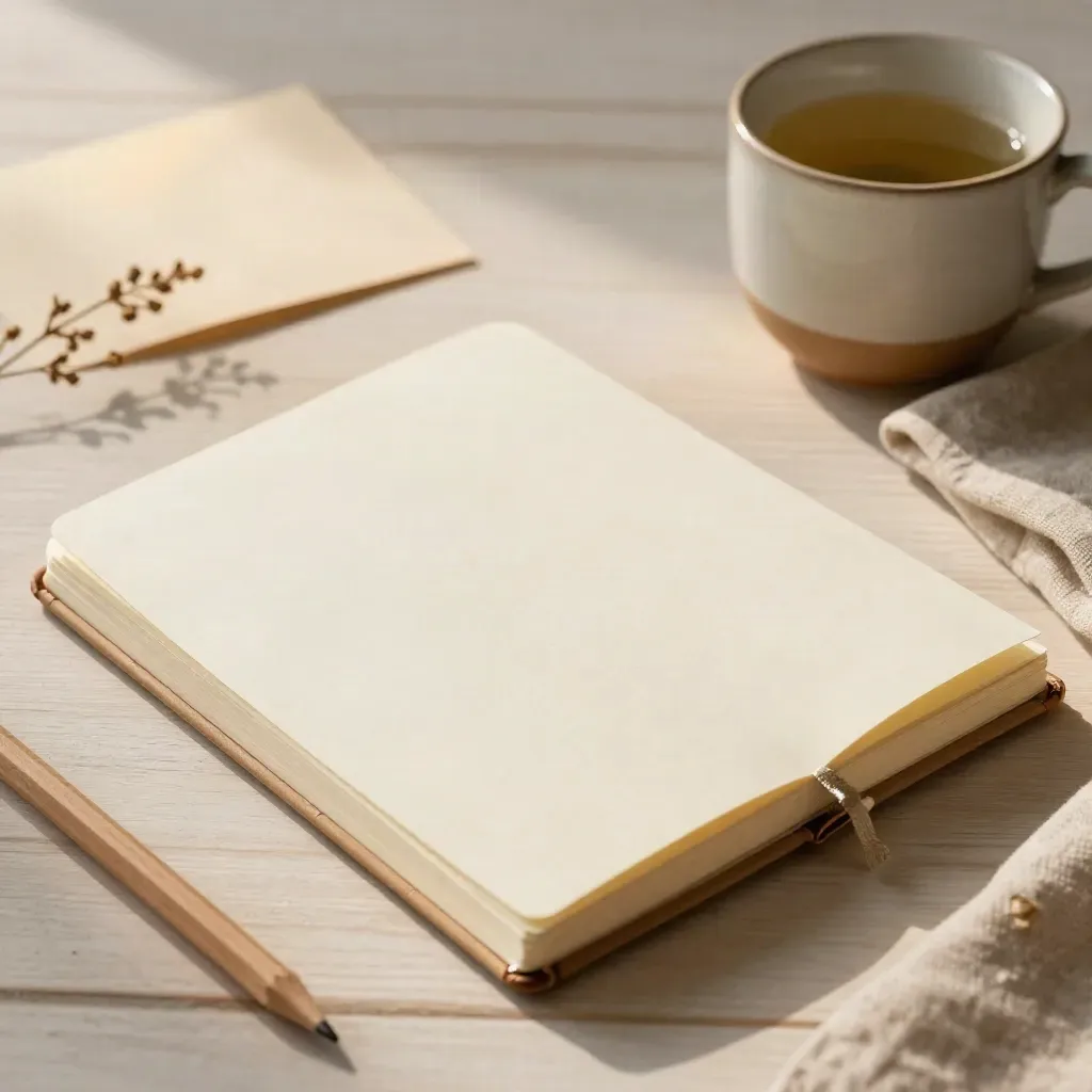 Open cream notebook with cedar pencil, blurred mug and sprig on pale wood.
