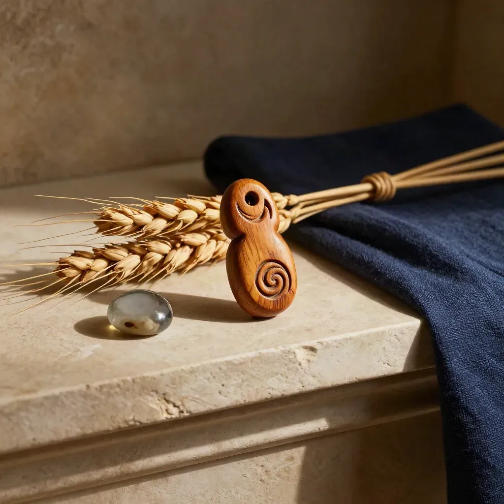 Wooden folklore charm beside wheat and a stone weight on a pale shelf with blue cloth.
