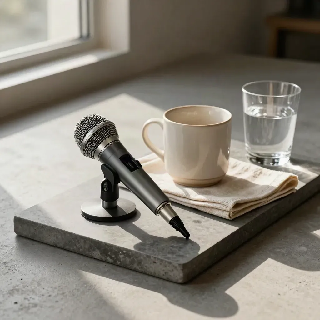Tabletop microphone on a brushed tray with mug, napkin and water glass, softly lit from the left.