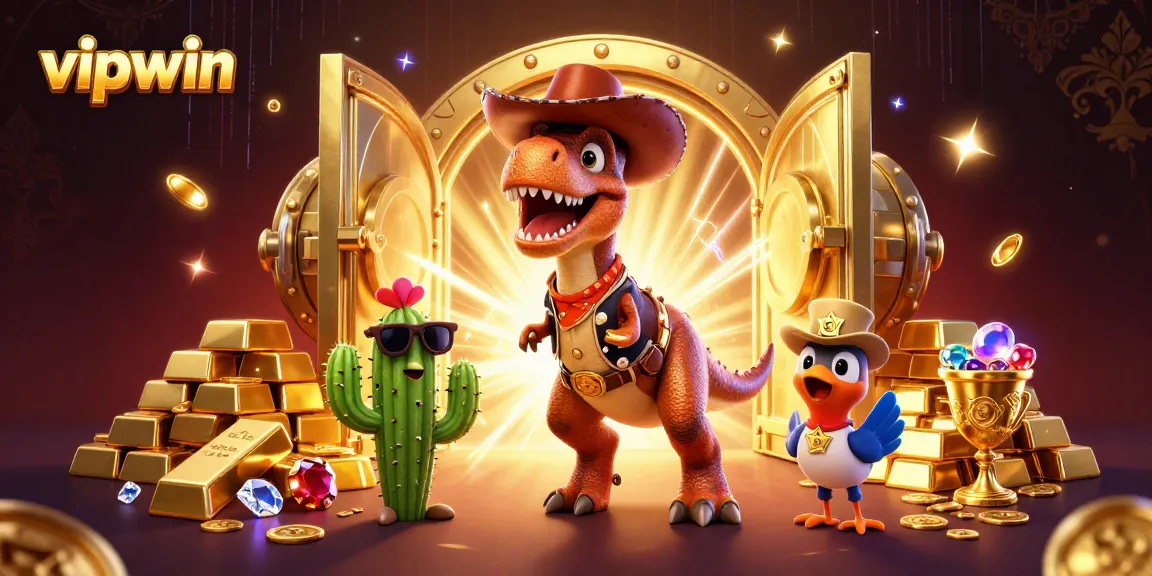 Engage with the vibrant vipwin casino scene featuring a T-Rex and friends surrounded by treasures.