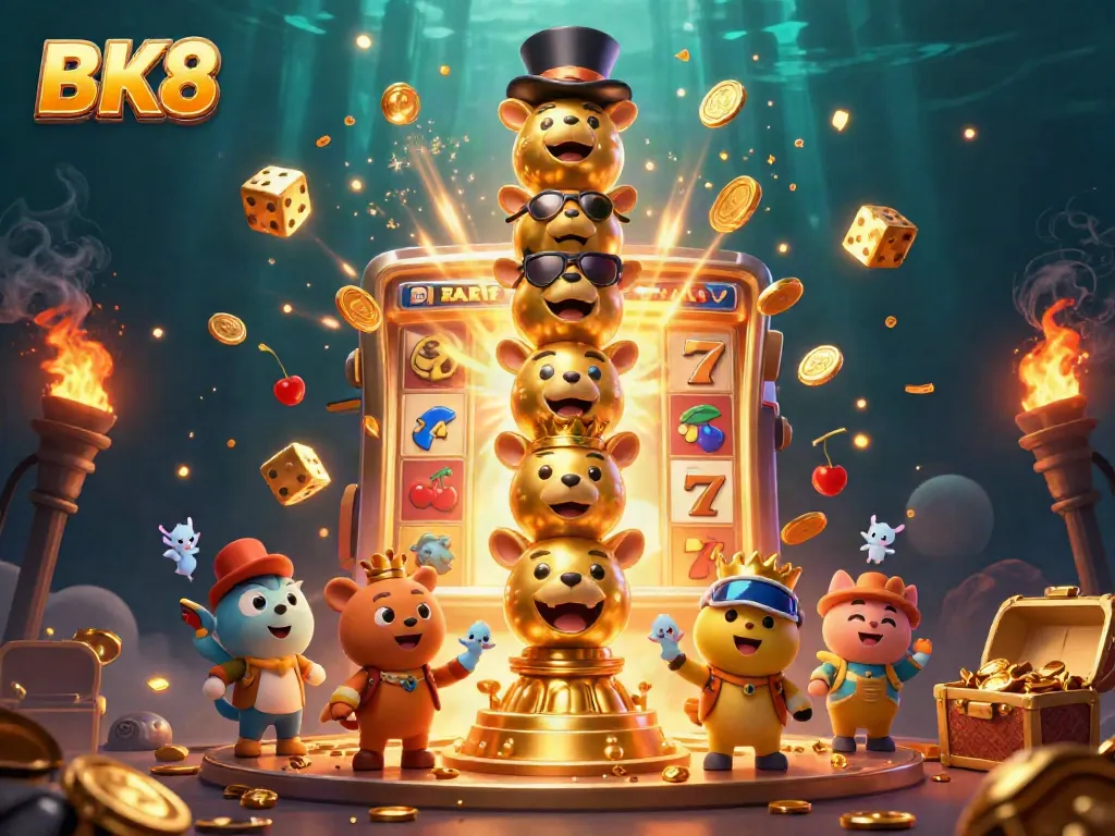 BK8 showcases vibrant casino action with a golden totem and jackpot elements in a lively scene.