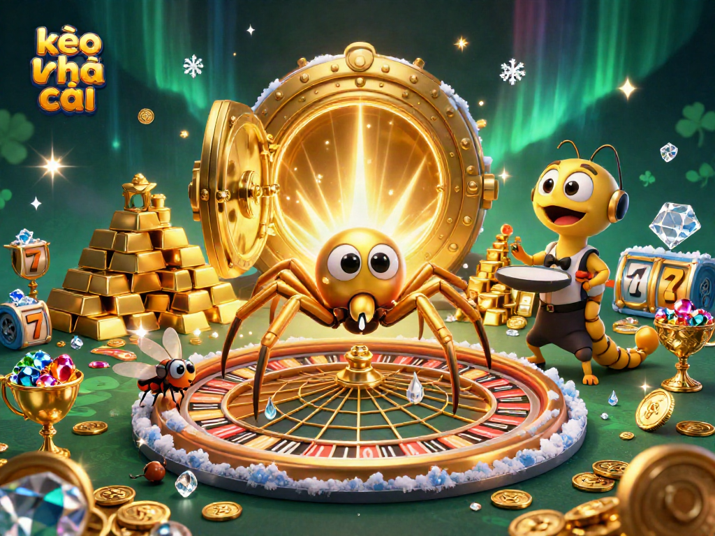 Place your bets with kèo nhà cái in a thrilling 3D casino scene featuring a spider and centipede.