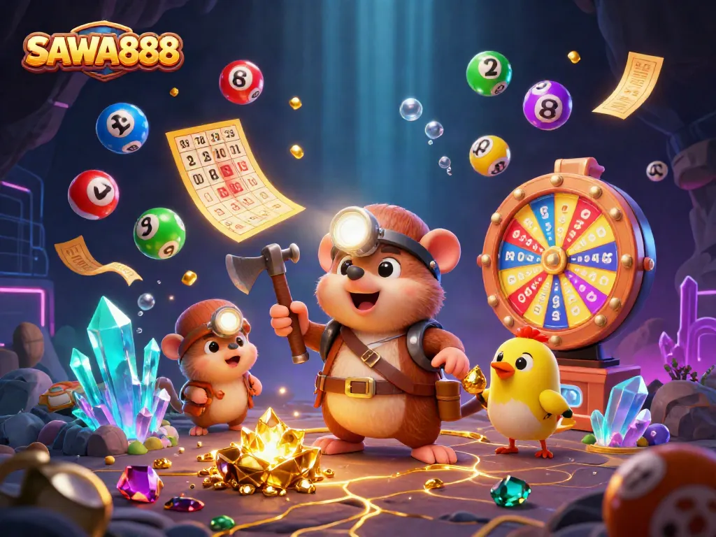 Experience excitement with SAWA888 in a packed 3D casino scene featuring vibrant lottery elements.