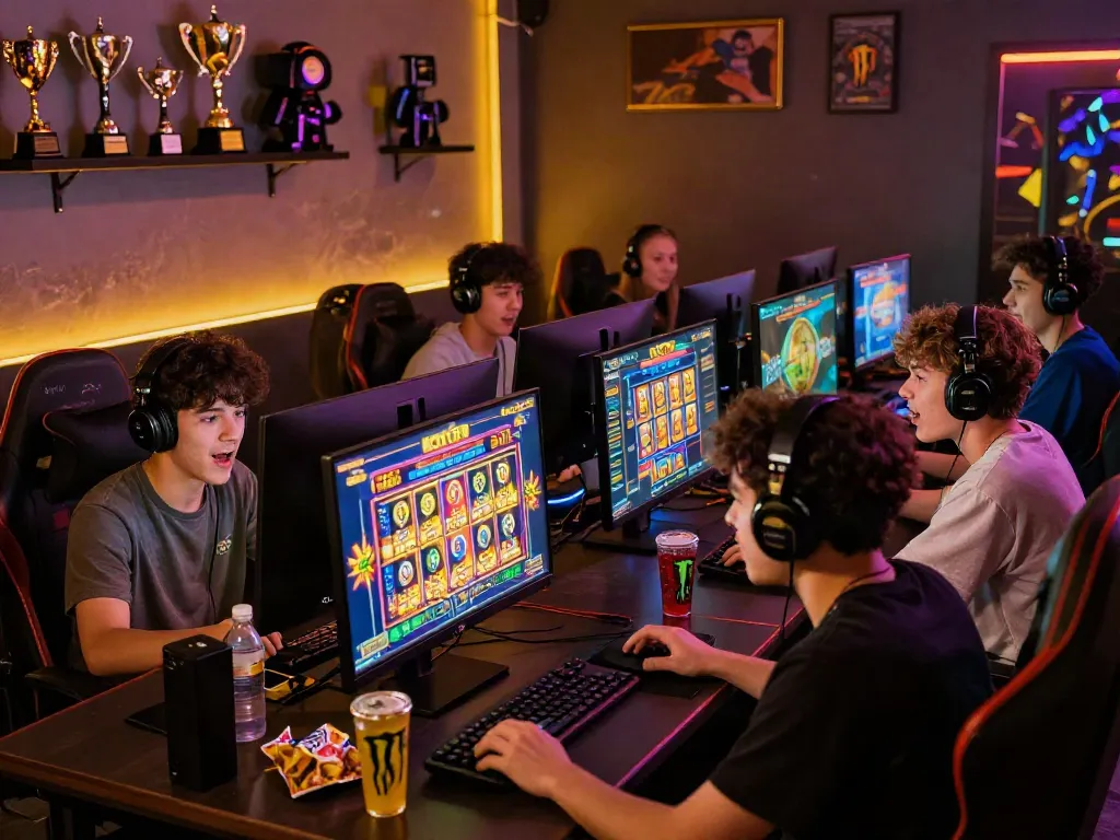 Excited players enjoying situs gacor slot games on KOITOTO platform with vibrant graphics and cozy gaming setup.