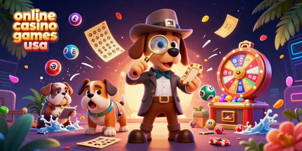 Engage with online casino games usa through a vibrant 3D scene of a detective and his companion unraveling clues in a lively casino setting.