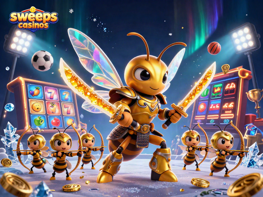 Engage with sweeps casinos featuring a giant golden hornet and bee archers amidst vibrant slot reels and sports elements.