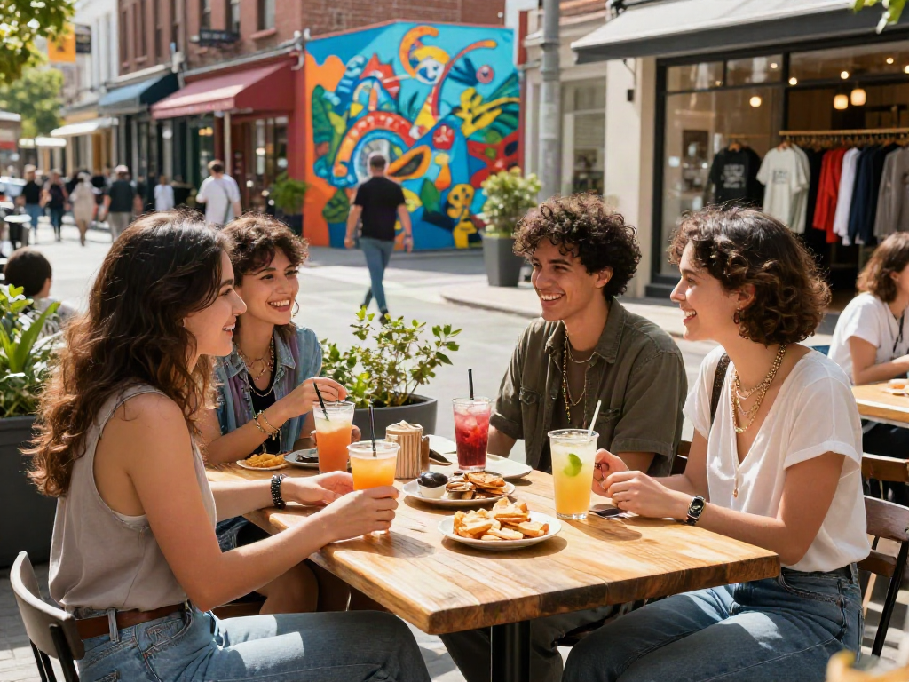 Young adults enjoying a vibrant afternoon with friends at a cafe, showcasing urban lifestyle and fashion with rokok88 branded drinks.