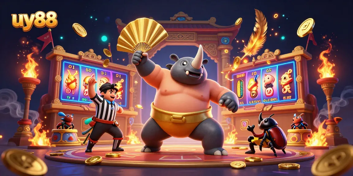 Experience the excitement of uy88 slots with a vibrant 3D illustration of a beetle sumo champion and golden coins.