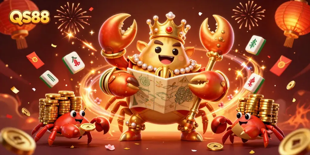 Engage in QS88's thrilling gaming world with the majestic crab emperor, lanterns, and festive fireworks.