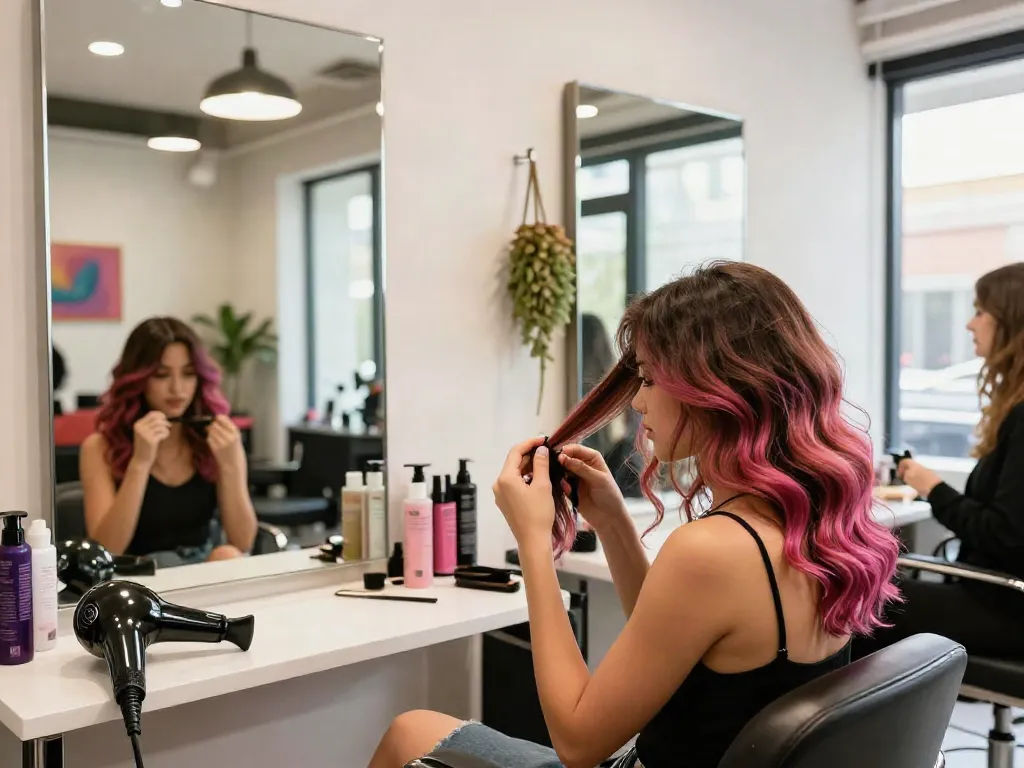 Woman applying thin tape in extensions in a bright salon, showcasing hair styling products and a warm atmosphere.
