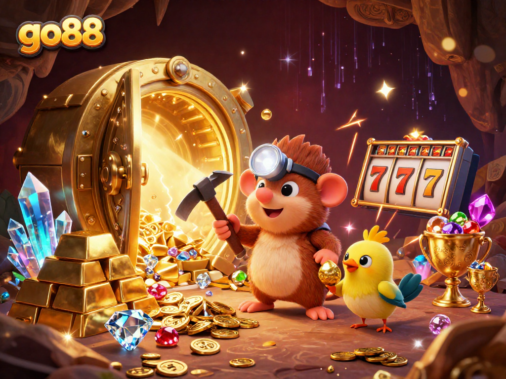 Celebrate jackpots at go88 with a vibrant treasure hunt featuring gold and gems.