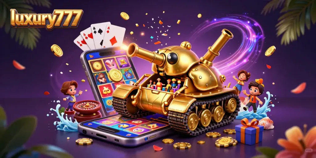 Experience the excitement of luxury777 with a vibrant casino-themed 3D illustration showcasing dynamic gaming action.