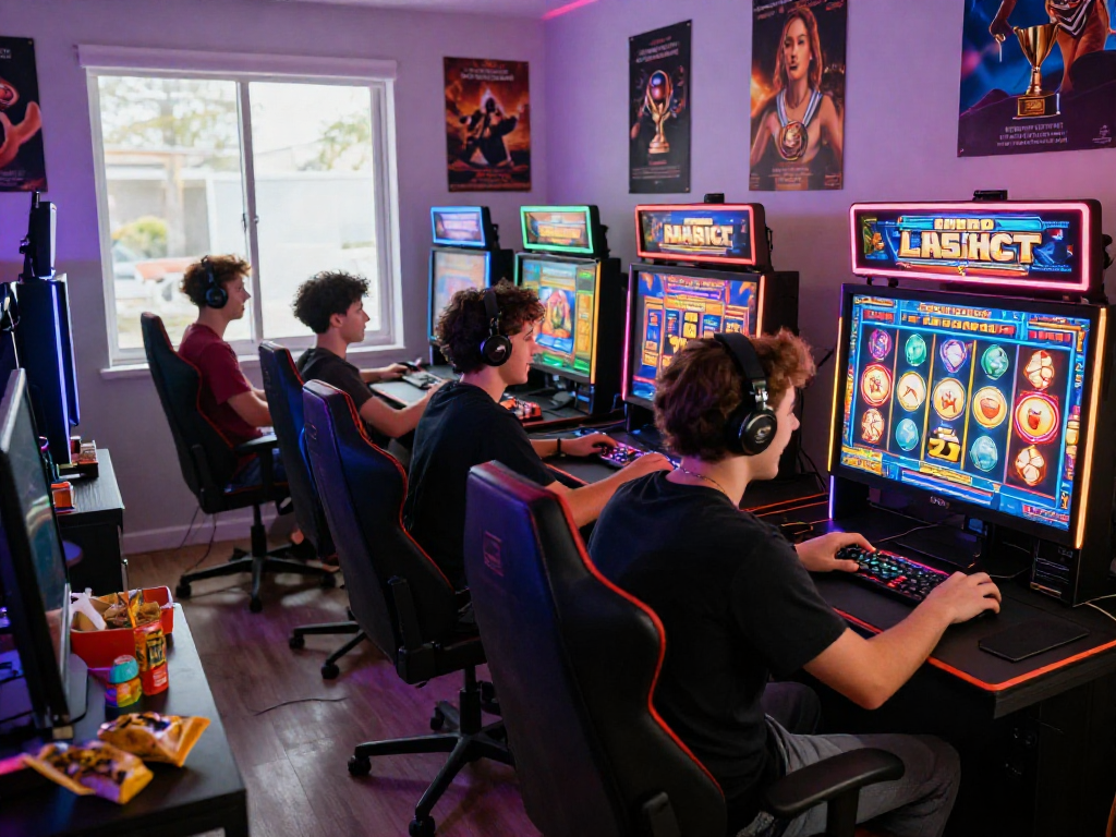Engaged players enjoying rokok88 slot login at home, showcasing vibrant gaming atmosphere.